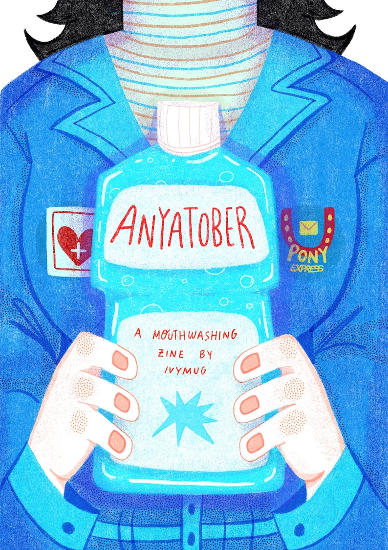 Puede incluir: Ilustraci&oacute;n de una botella de enjuague bucal azul con el texto "ANYATOBER" en rojo. La botella est&aacute; sostenida por manos y tambi&eacute;n es visible el texto "A MOUTHWASHING ZINE BY IVYMUG". La imagen tiene un estilo de dibujos animados.