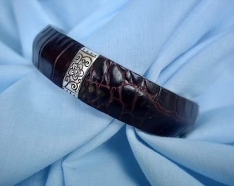 ON SALE Vintage Brighton Brown Leather and Silver Bangle Bracelet