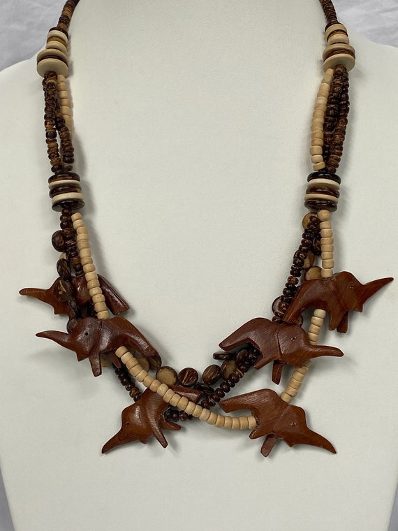Vintage Wood Carved Elephant Beaded Necklace