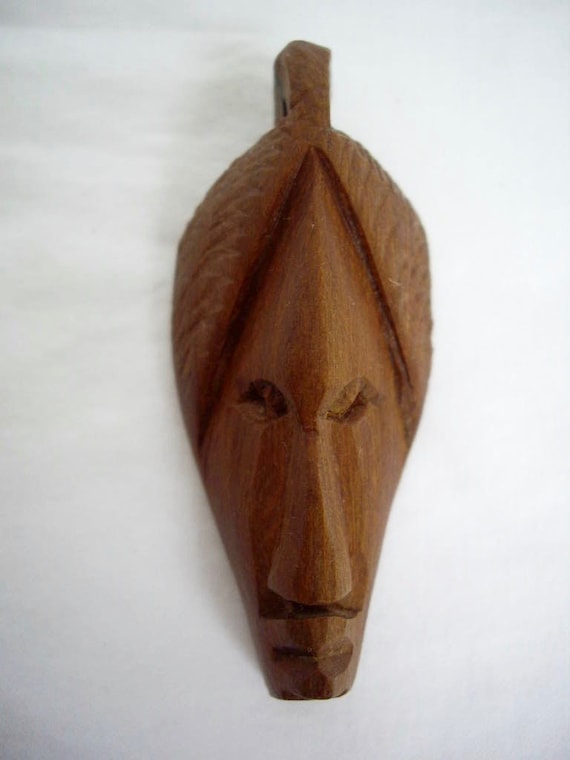 ON SALE Vintage Hand Carved Wooden Face Pendant