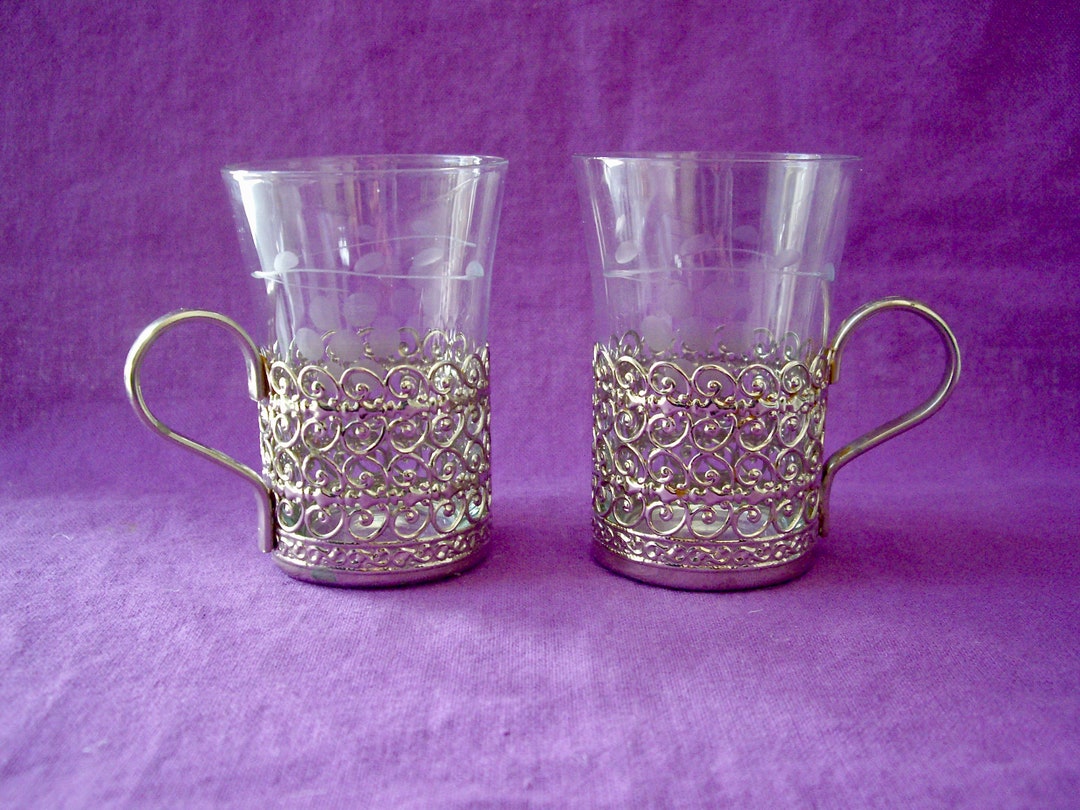 Two Vintage Etched Glass Irish Coffee Mugs in Silver Holders Etsy