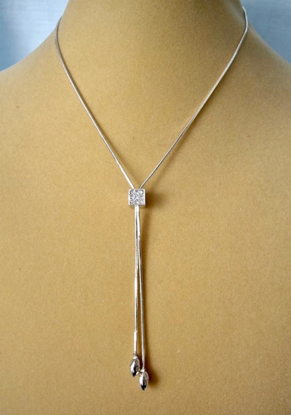 Vintage Silver Tone Crystal Slide Pendant Necklace