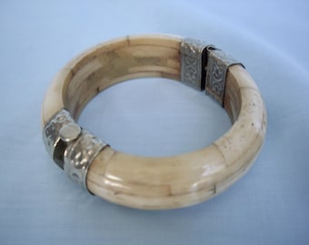 Vintage Old Bone and Silver Tone Hinged Bangle Bracelet