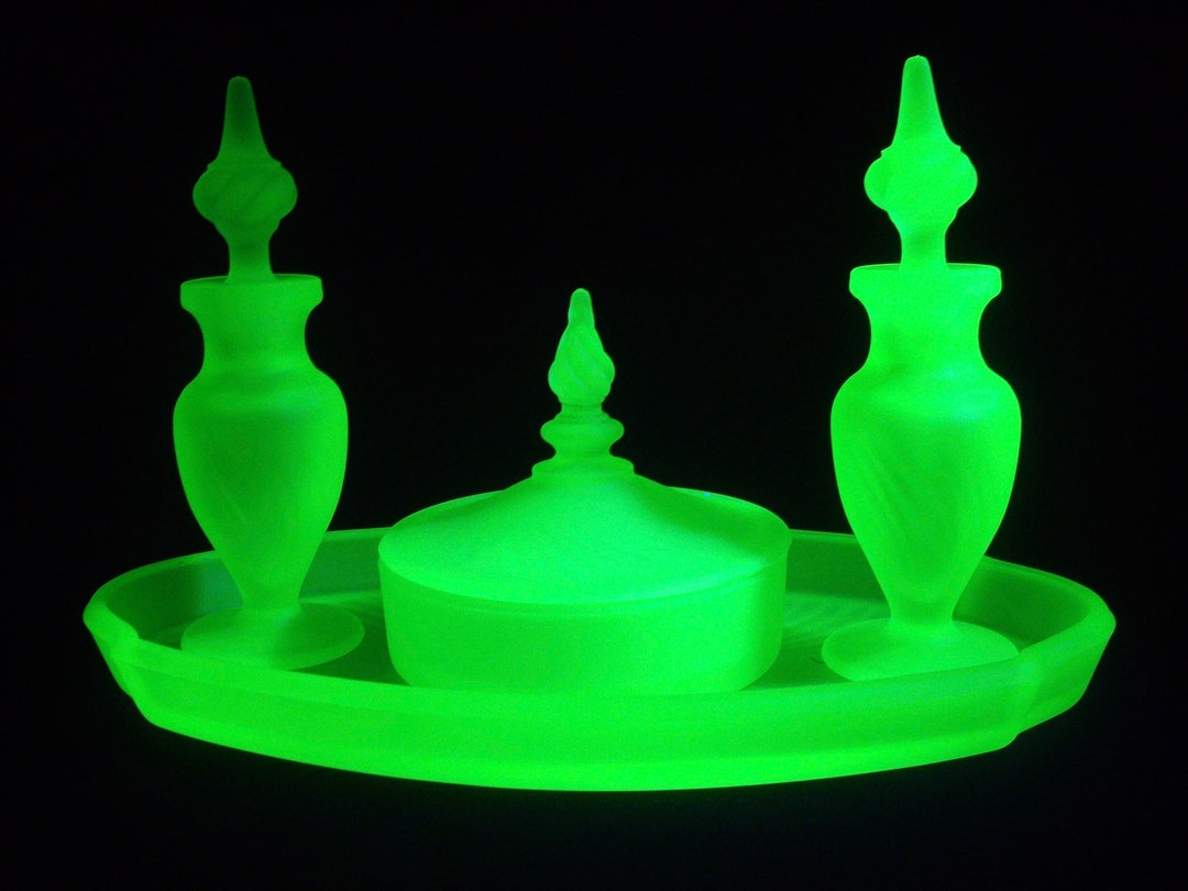 Vintage Vaseline Glass Dresser Set Etsy