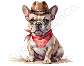 Cowboy French Bulldog PNG: Western Dog Clipart for Sublimation (Instant Download