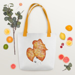 Einzigartige Einkaufstasche, Orange Einkaufstasche mit Mädchen und Blatt, Künstlerische Einkaufstasche, Einkaufstasche für alle Gelegenheiten, Minimalistische Schultertasche, Geschenk für Sie
