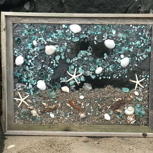 Large 27"x21" Beach Glass and Starfish in Barnwood Frame, Beach Glass Wave