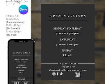 TEMPLATE, Opening Hours, Business Hours, 4 Sizes, Announcement, SM/Instagram Story & Post, Editable in Canva, Printable, Instant Download