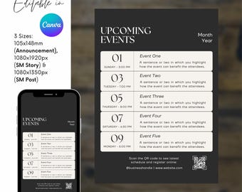 SJABLOON, Aankomende evenementen, 3 formaten, Flyer, Social Media/Instagram Story & Post, Bewerkbaar in canva, Afdrukbaar, Instant Download