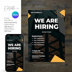 Peut inclure: Un modèle de conception graphique noir et jaune pour une annonce "Nous Recrutons". Le modèle présente un arrière-plan de ville avec un motif géométrique noir et blanc. Le texte "Nous Recrutons" est en blanc avec un contour noir. Le texte "Poste" est en blanc avec un contour noir. Le texte "Exigences" est en blanc avec un contour noir. Le texte "Pour Postuler Visitez" est en blanc avec un contour noir. Le texte "Date Limite de Soumission" est en blanc avec un contour noir. Le texte "Votre Société Co." est en blanc avec un contour noir.