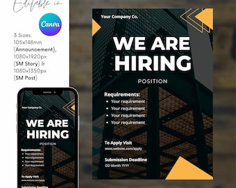 TEMPLATE, Hiring Flyer, Announcement For Job Opening, Social Media/Instagram Story & Post, Editable In Canva, Printable, Instant Download
