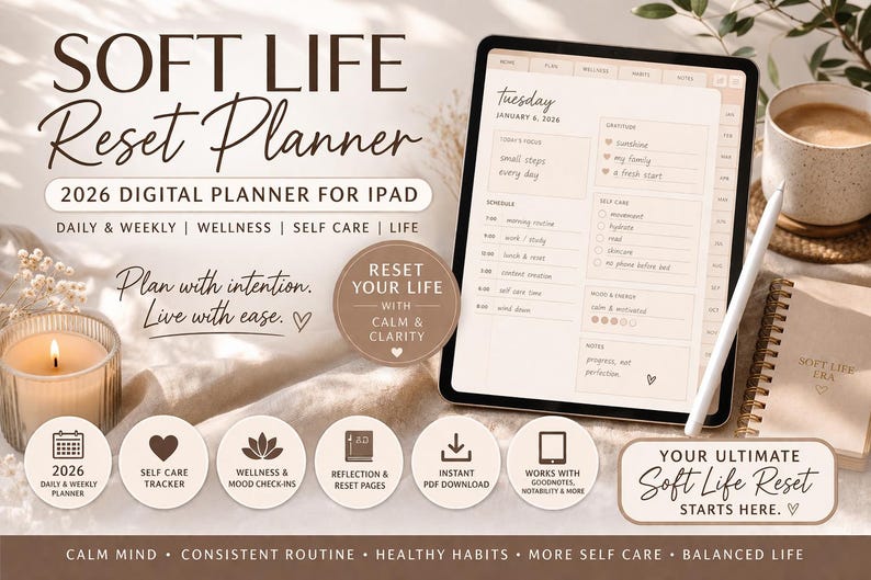 Soft Life Reset Planner | 2026 Digital Planner iPad | Daily & Weekly ...