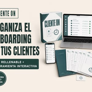 Puede incluir: Un conjunto de productos digitales titulado CLIENTE ON que incluye una caja, un portátil, un smartphone y una tablet con un sistema de onboarding de siete pasos, documentos PDF rellenables y una herramienta interactiva en tonos verde oscuro.