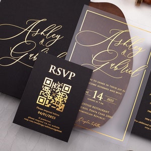 Black and Gold Acrylic Wedding Invitation, Personalized Invite, Gold Foil Printed Acrylic Wedding Invitations, Black Acrylic Invite