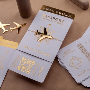 Passport Wedding Invitation, Boarding Pass Invite, White and Gold Foil, Destination Wedding, Passport-Style Invite