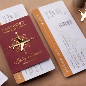 Passport Wedding Invitation, Boarding Pass Invite, Burgundy and Gold Foil, Destination Wedding, Passport-Style Invite