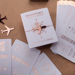 Passport Wedding Invitation, Boarding Pass Invite, White and Rose Gold Foil, Destination Wedding, Passport-Style Invite