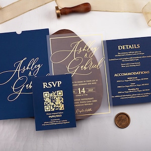Navy Blue & Gold Acrylic Wedding Invitation, Personalized Invite with Gold Foil Print, Elegant Acrylic Wedding Invitations