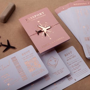 Passport Wedding Invitation, Boarding Pass Invite, Pink and Rose Gold Foil, Destination Wedding, Passport-Style Invite