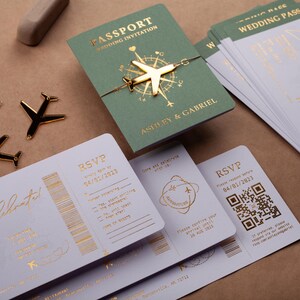 Passport Wedding Invitation, Boarding Pass Invite, Sage Green and Gold Foil, Destination Wedding, Passport-Style Invite