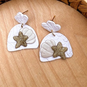 Textured White Beachy Clay Stud Earrings / Gold Starfish and Seashell Clay Earrings / Summer White Statement Earrings