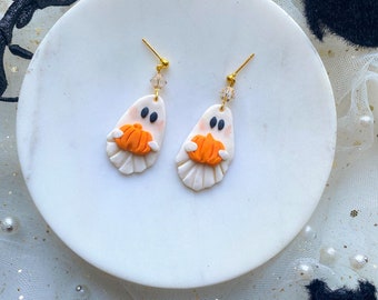 Floral Ghost Clay Fall Earrings / Blushing Ghost Holding Pumpkin Dangles / Clip on Halloween Earrings / Unique Statement Earrings
