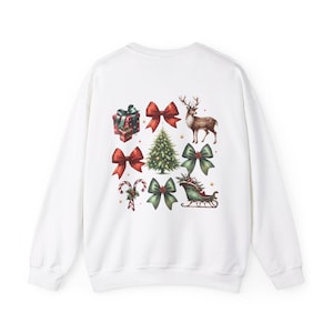 Sudadera de cuello redondo con lazo navideño, jersey con estampado navideño, suéter festivo, jersey navideño, ropa de invierno, sudadera navideña unisex
