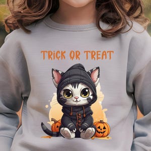 Black Halloween Cat Youth Crewneck Sweatshirt - Trick or Treat, Kids Sweatshirt, Halloween Costume, Spooky Cat Shirt, Halloween Party Outfit