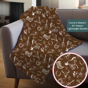 Western-Themed All-season Blanket with Horses, Guitars, Cowboy Boots & Rustic Elements, Perfect for Country Music Lovers
