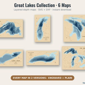 May include: A digital collection of six layered depth maps featuring the Great Lakes, including Lake Superior, Michigan, Huron, Erie, and Ontario. The maps use shades of blue for water depth against a tan background with text labels.