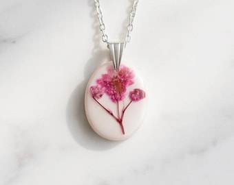 Handmade Real Flower Pendant Necklace - Dried Pink Gypsophila - Polymer Clay Botanical Jewelry