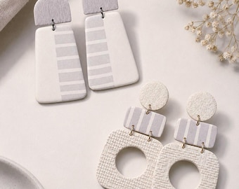 Pendientes colgantes geométricos hechos a mano en arcilla polimérica - Joyería minimalista con rayas llamativas