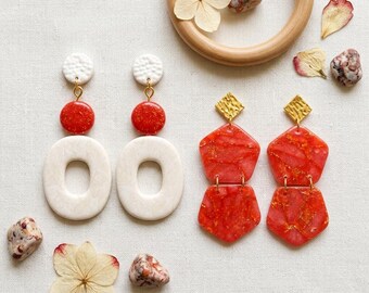 Handmade Polymer Clay Dangle Earrings – White Red Geometric Minimalist Design
