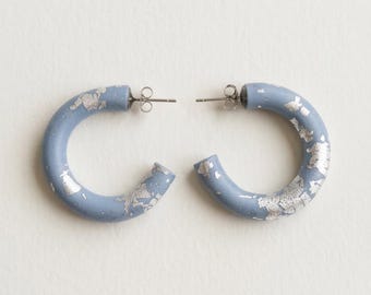 Polymer Clay Earrings Blue Hoops Lightweight Minimalist Jewelry: Stainless Steel Studs