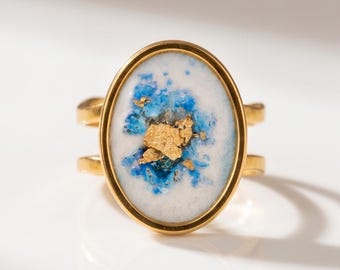 Adjustable Gold Ring Oval Shape Blue White: 18K Gold-Plated 304 Stainless Steel