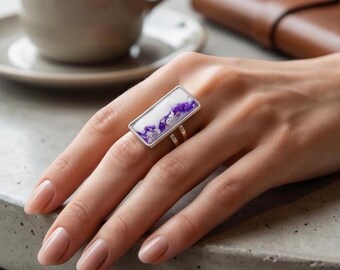 Anillo rectangular morado hecho a mano, joyería llamativa con diseño de hoja de plata jaspeada
