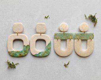 Handmade Polymer Clay Square Drop Green & Beige Earrings – Bohemian Jewelry