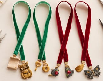 Handmade Dark Academia Velvet Ribbon Bookmark, Polymer Clay Charms | Book Lovers Gift
