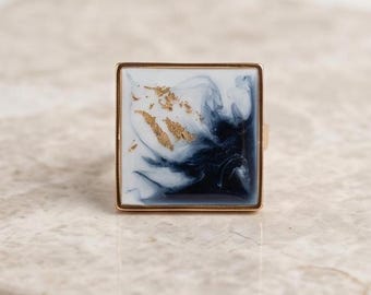 Adjustable Gold Ring Square Shape: Black and White Statement Jewlery, gift for her