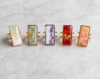 Handmade Marble Rectangular Polymer Clay Ring | Adjustable Gold Plated Statement Jewelry