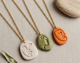 Handmade Abstract Woman Face Pendant Necklace | Minimalist Polymer Clay Jewelry