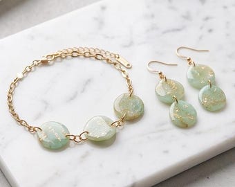 Emerald Handmade Jewelry Set: Bracelet & Dangle Earrings, 304 Stainless Steel Gold-Plated Hooks