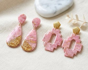 Pink Dangle Earrings – Handmade Polymer Clay with Gold Leaf – Lightweight Statement Jewelry