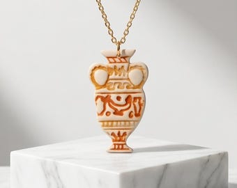 Collar con colgante de ánfora de arcilla polimérica hecho a mano, inspirado en la Antigua Grecia, con cadena chapada en oro.