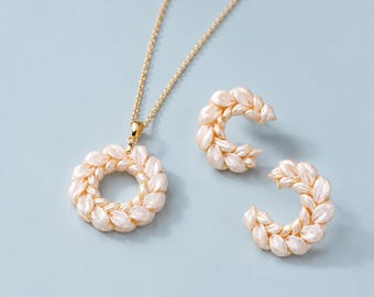 Handmade Floral Polymer Clay Jewelry Set | Necklace Earrings | Bridal Gold Tone