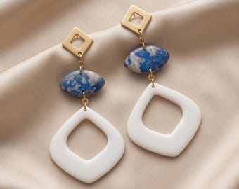 Handmade White & Blue Dangle Polymer Clay Earrings