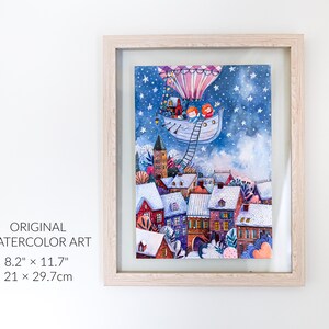 Heißluftballon Original Aquarell Malerei, Zauberhafte Nacht, verträumte Nacht, Fantasy, Fantasy, Märchen, Märchen Kunst