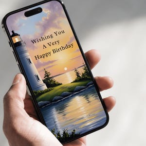 Cartão eletrônico de Feliz Aniversário para Ele – Pôr do Sol no Farol – Vertical 1080x1920 PNG – Download Digital Instantâneo