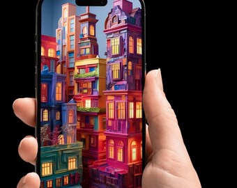 Sfondo per cellulare con paesaggio urbano 3D colorato - Download digitale con tecnica mista (1080x1920)
