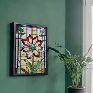 Leadlight Inspired Colorful Flower Digital Wall Art, A2 42x59cm Printable Download, Stained Glass Style Floral Artwork